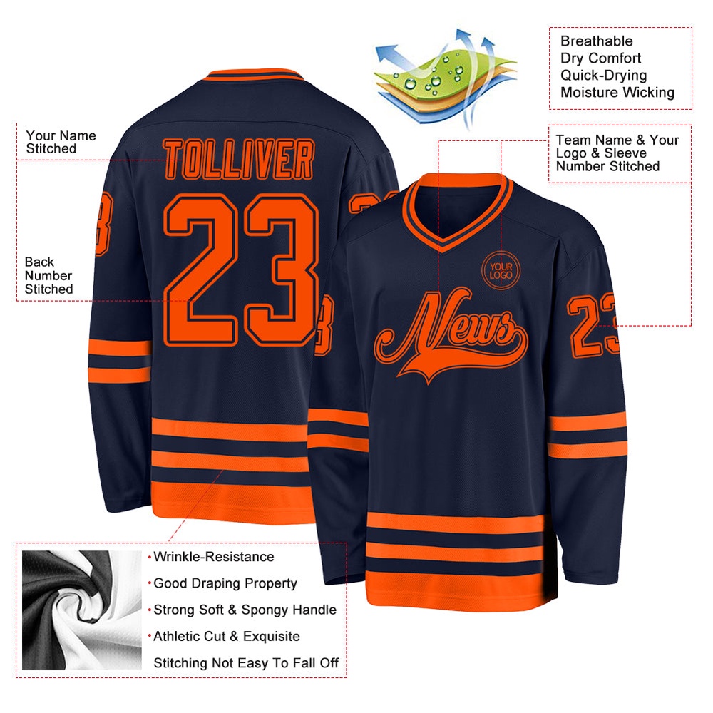 Custom Navy Orange Hockey Jersey, New Hockey Jersey, Personali Sport Team Jersey Shirt Custom Navy Orange Hockey Jersey, New Hockey Jersey, Personali Sport Team Jersey Shirt