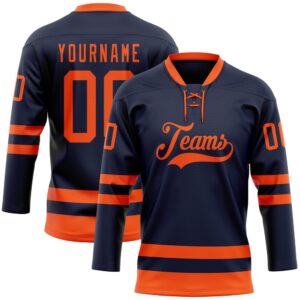 Custom Navy Orange Hockey Lace Neck Jersey,&hellip;