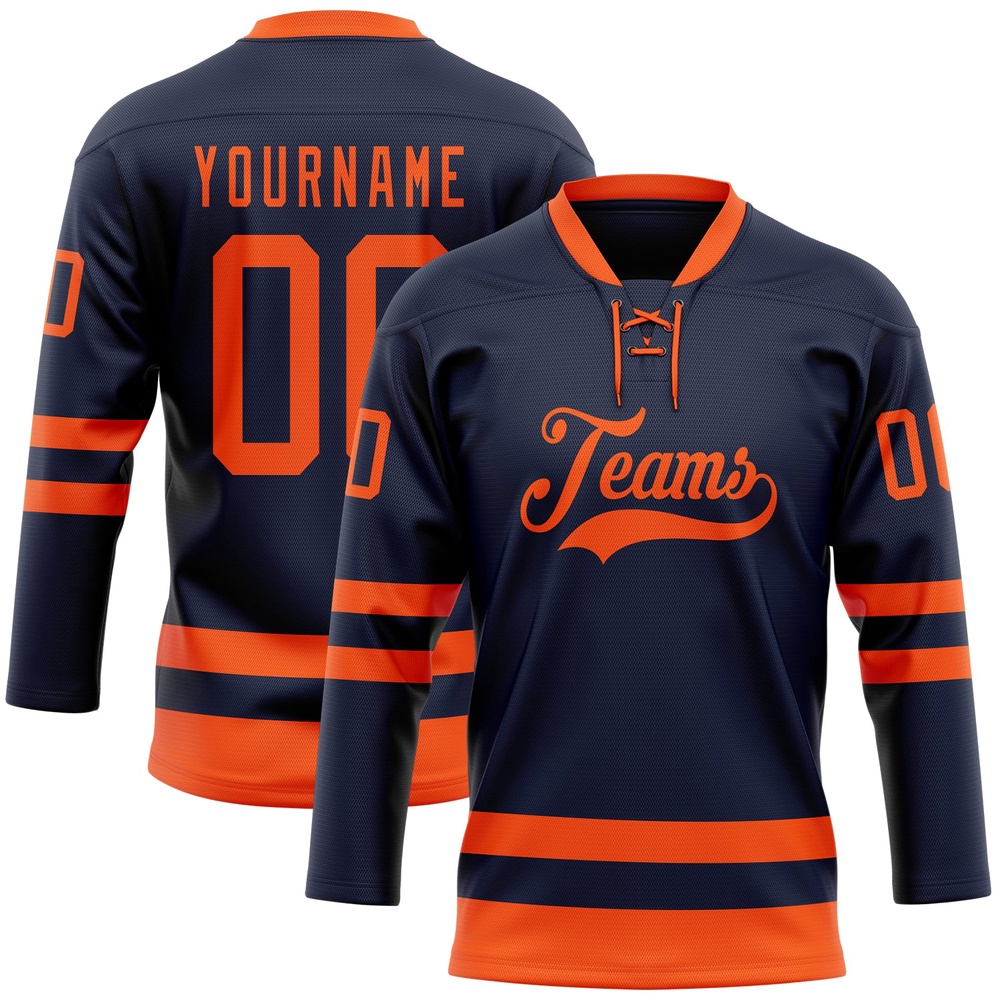 Custom Navy Orange Hockey Lace Neck Jersey, New Hockey Jersey, Personali Sport Team Jersey Shirt Custom Navy Orange Hockey Lace Neck Jersey, New Hockey Jersey, Personali Sport Team Jersey Shirt