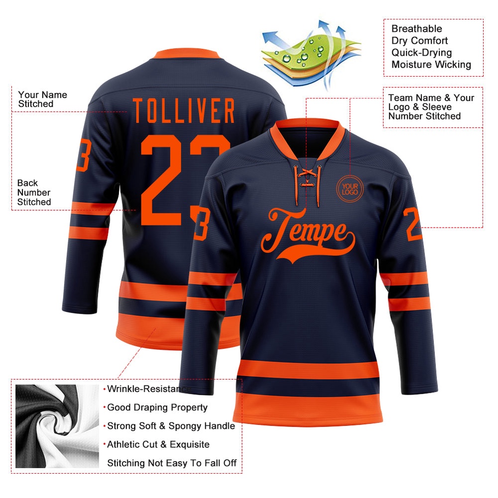 Custom Navy Orange Hockey Lace Neck Jersey, New Hockey Jersey, Personali Sport Team Jersey Shirt Custom Navy Orange Hockey Lace Neck Jersey, New Hockey Jersey, Personali Sport Team Jersey Shirt