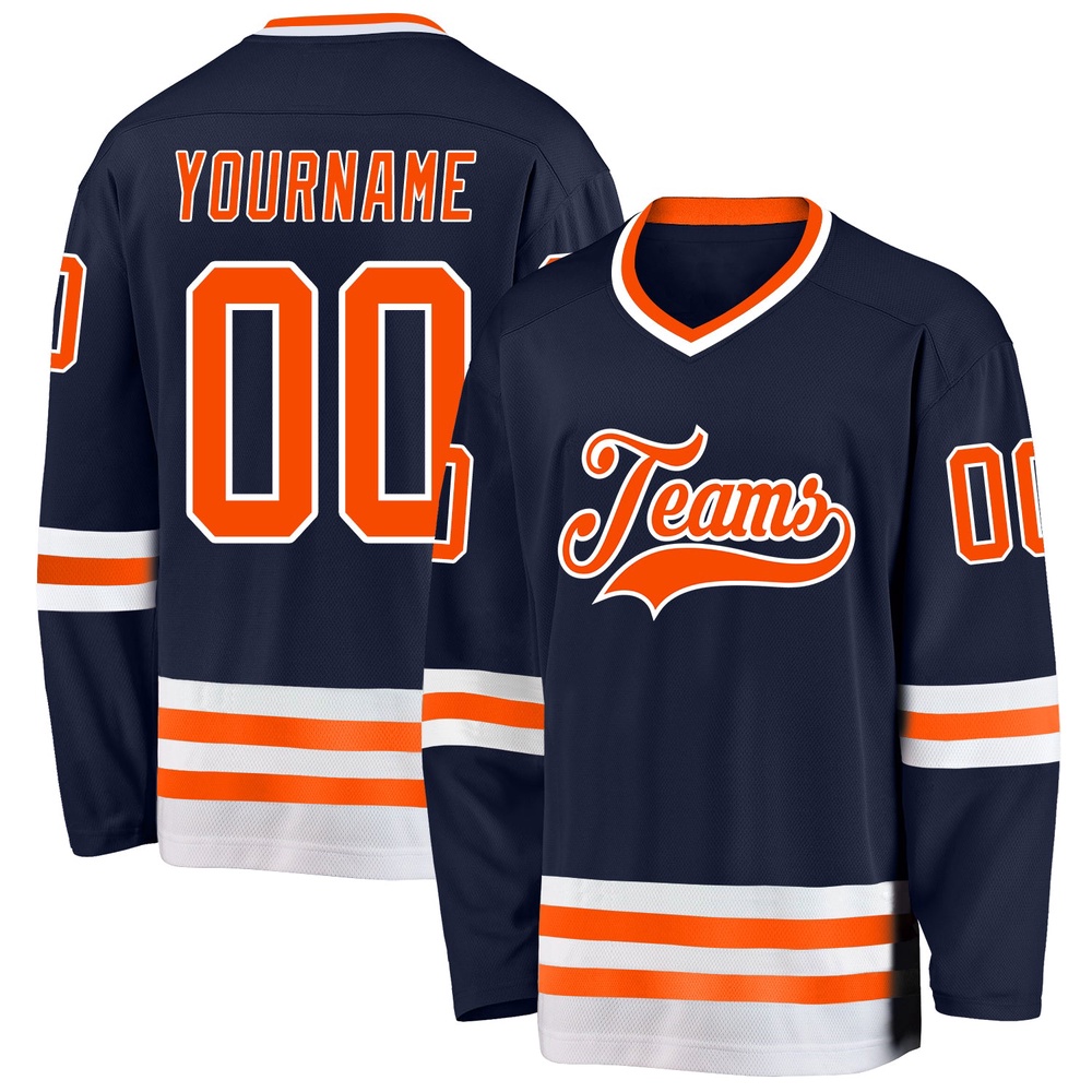 Custom Navy Orange White Hockey Jersey, New Hockey Jersey, Personali Sport Team Jersey Shirt Custom Navy Orange White Hockey Jersey, New Hockey Jersey, Personali Sport Team Jersey Shirt