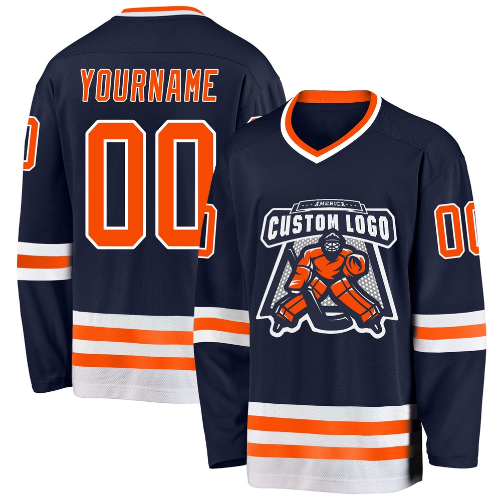 Custom Navy Orange White Hockey Jersey, New Hockey Jersey, Personali Sport Team Jersey Shirt Custom Navy Orange White Hockey Jersey, New Hockey Jersey, Personali Sport Team Jersey Shirt