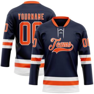 Custom Navy Orange White Hockey Lace Neck&hellip;