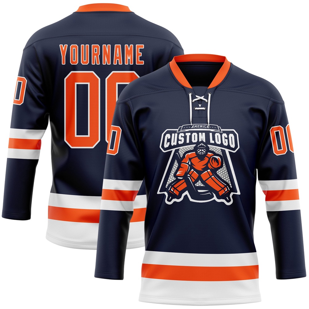 Custom Navy Orange White Hockey Lace Neck Jersey, New Hockey Jersey, Personali Sport Team Jersey Shirt