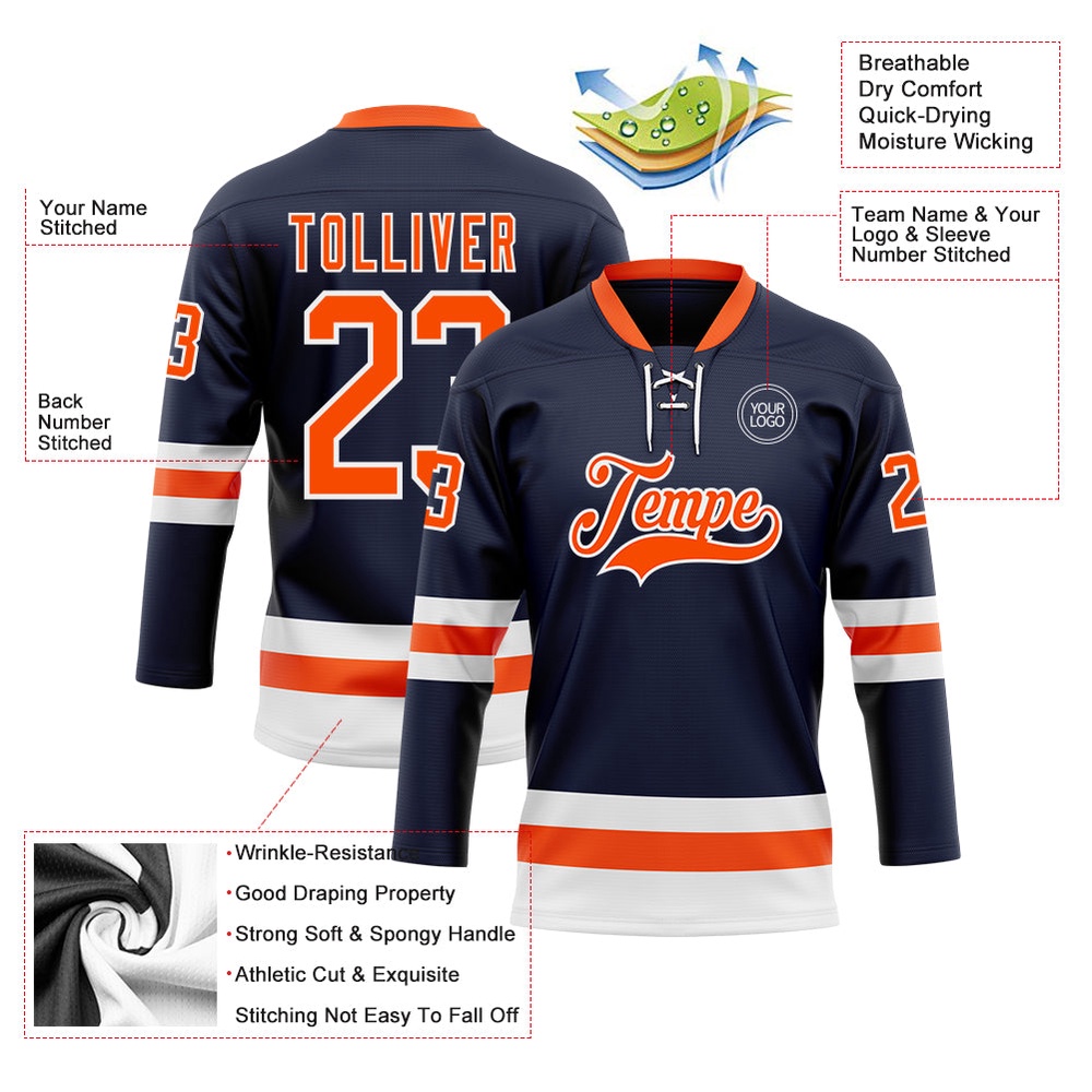 Custom Navy Orange White Hockey Lace Neck Jersey, New Hockey Jersey, Personali Sport Team Jersey Shirt