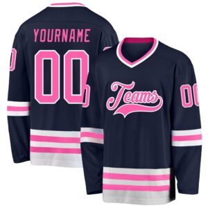 Custom Navy Pink White Hockey Jersey, New&hellip;