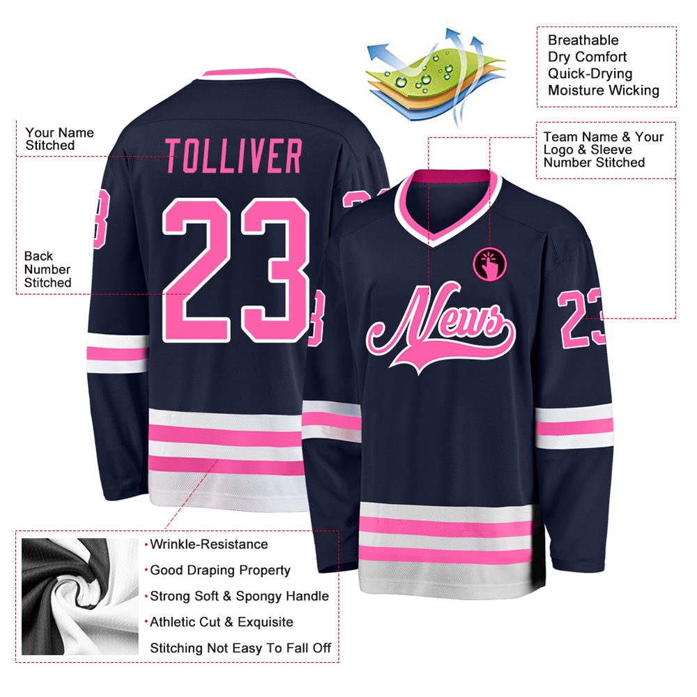 Custom Navy Pink White Hockey Jersey, New Hockey Jersey, Personali Sport Team Jersey Shirt Custom Navy Pink White Hockey Jersey, New Hockey Jersey, Personali Sport Team Jersey Shirt