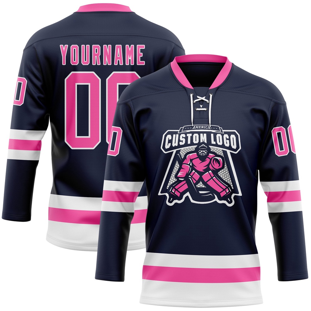 Custom Navy Pink White Hockey Lace Neck Jersey, New Hockey Jersey, Personali Sport Team Jersey Shirt
