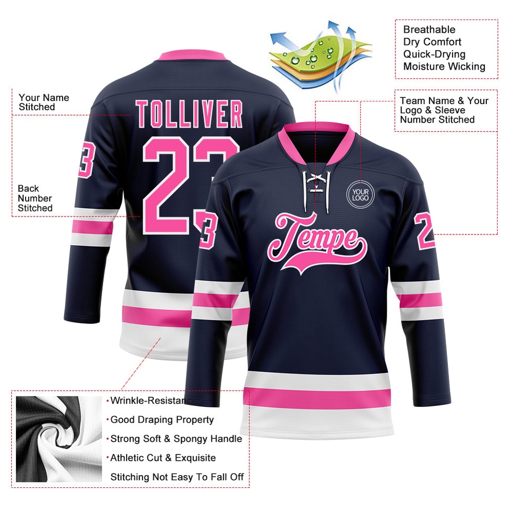 Custom Navy Pink White Hockey Lace Neck Jersey, New Hockey Jersey, Personali Sport Team Jersey Shirt
