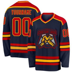 Custom Navy Red Gold Hockey Jersey, New&hellip;