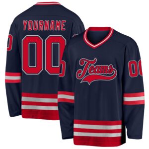 Custom Navy Red Gray Hockey Jersey, New&hellip;