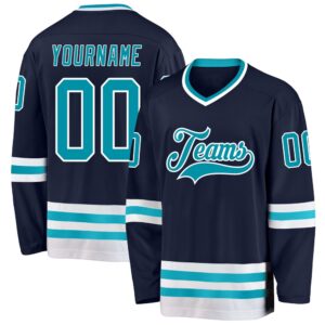 Custom Navy Teal White Hockey Jersey, New&hellip;