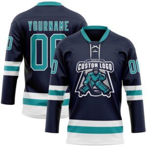 Custom Navy Teal White Hockey Lace Neck&hellip;