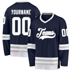 Custom Navy White Gray Hockey Jersey, New&hellip;