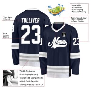 Custom Navy White Gray Hockey Jersey, New&hellip;