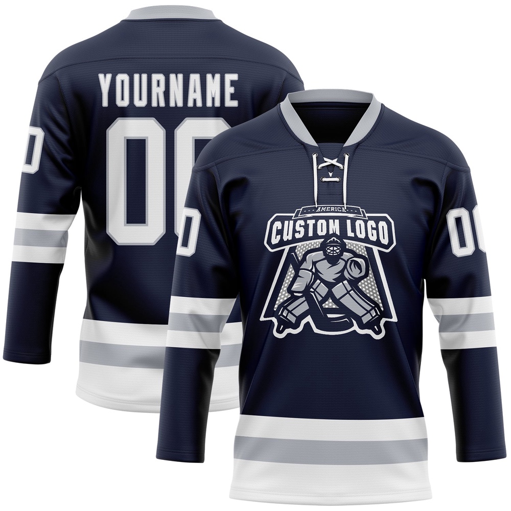 Custom Navy White Gray Hockey Lace Neck Jersey, New Hockey Jersey, Personali Sport Team Jersey Shirt Custom Navy White Gray Hockey Lace Neck Jersey, New Hockey Jersey, Personali Sport Team Jersey Shirt