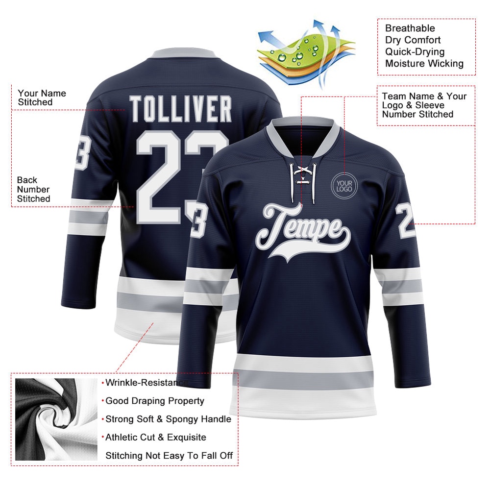 Custom Navy White Gray Hockey Lace Neck Jersey, New Hockey Jersey, Personali Sport Team Jersey Shirt Custom Navy White Gray Hockey Lace Neck Jersey, New Hockey Jersey, Personali Sport Team Jersey Shirt