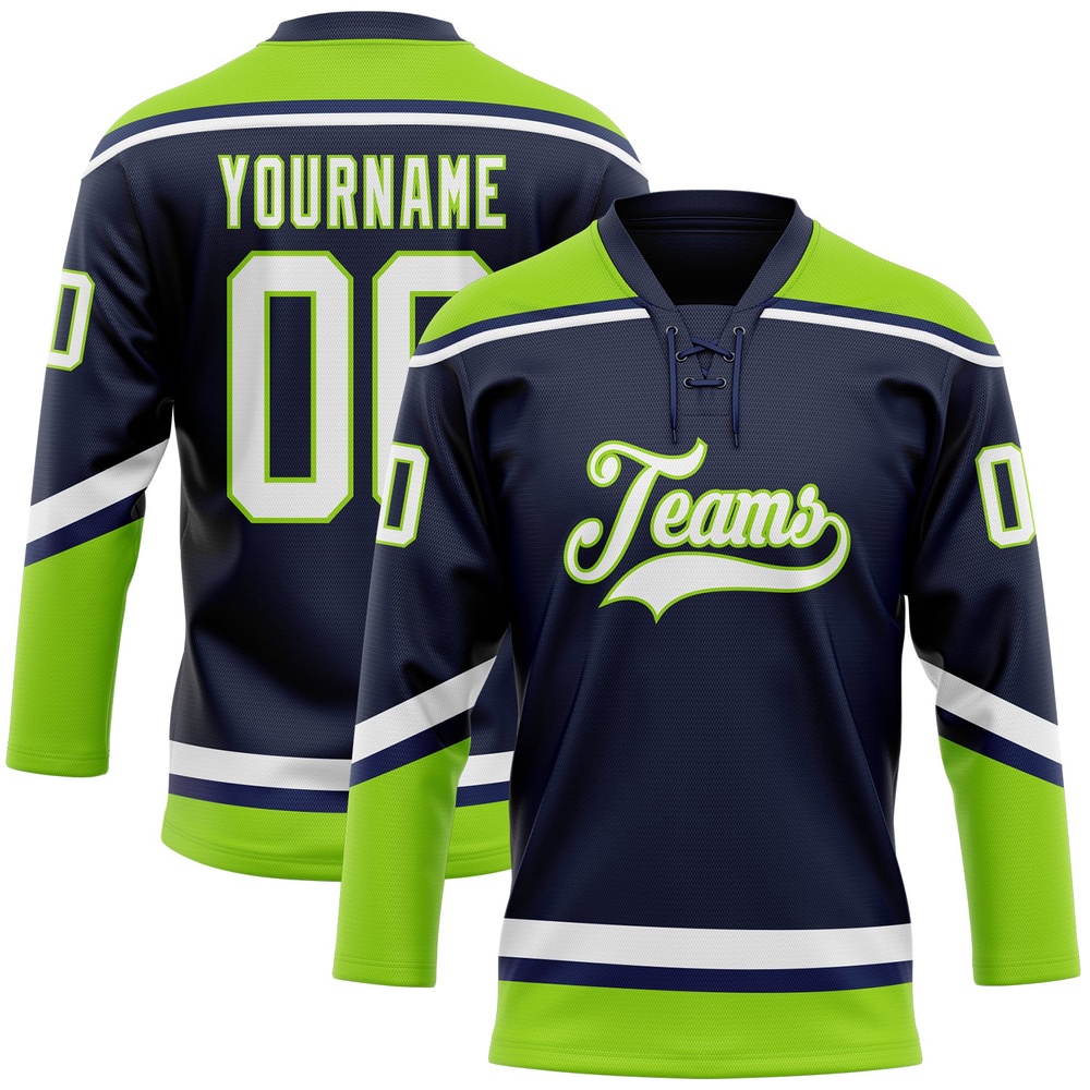 Custom Navy White Neon Green Hockey Lace Neck Jersey, New Hockey Jersey, Personali Sport Team Jersey Shirt Custom Navy White Neon Green Hockey Lace Neck Jersey, New Hockey Jersey, Personali Sport Team Jersey Shirt