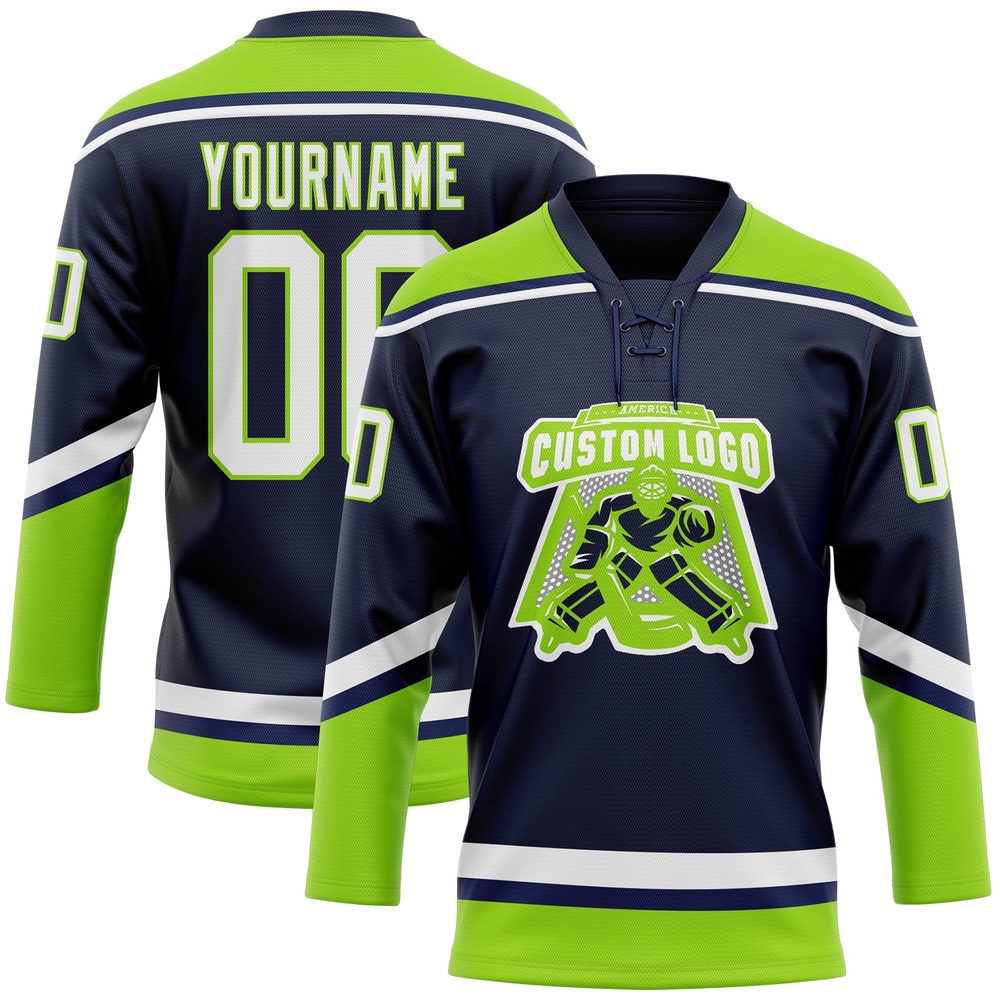 Custom Navy White Neon Green Hockey Lace Neck Jersey, New Hockey Jersey, Personali Sport Team Jersey Shirt Custom Navy White Neon Green Hockey Lace Neck Jersey, New Hockey Jersey, Personali Sport Team Jersey Shirt