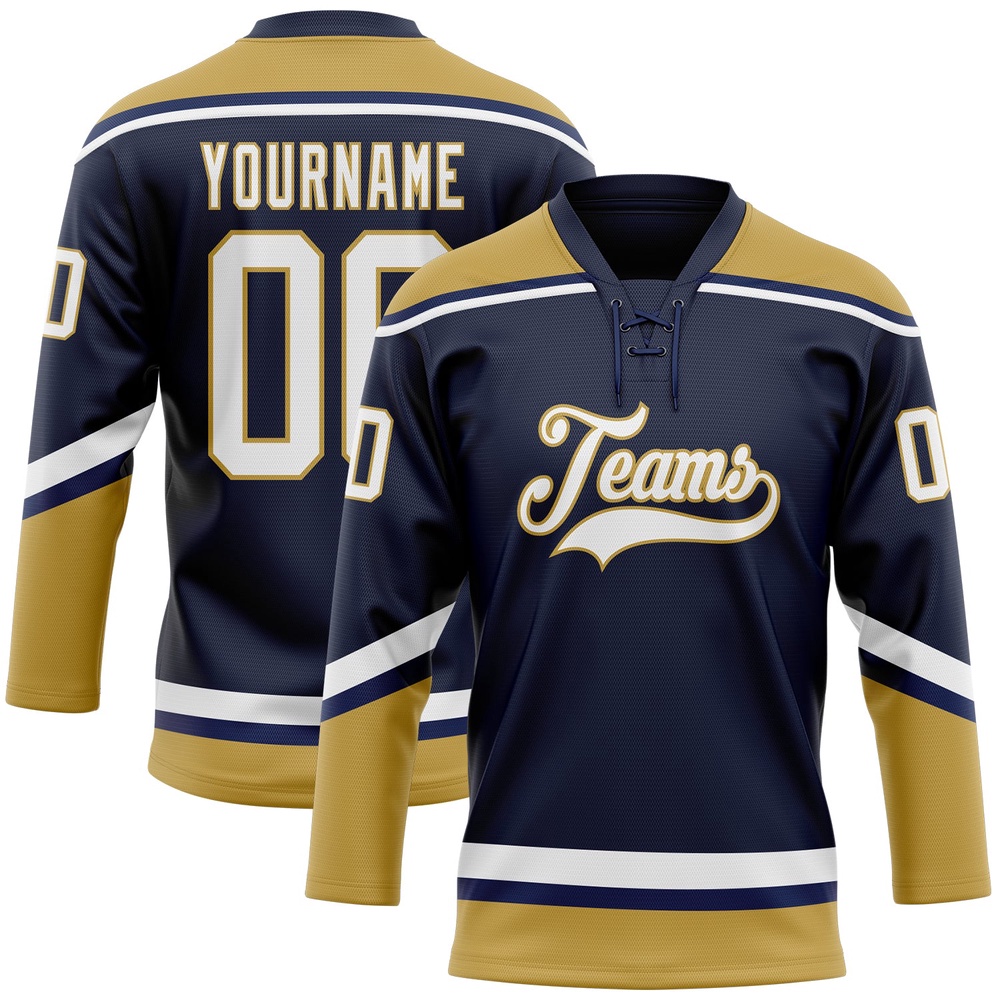 Custom Navy White Old Gold Hockey Lace Neck Jersey, New Hockey Jersey, Personali Sport Team Jersey Shirt