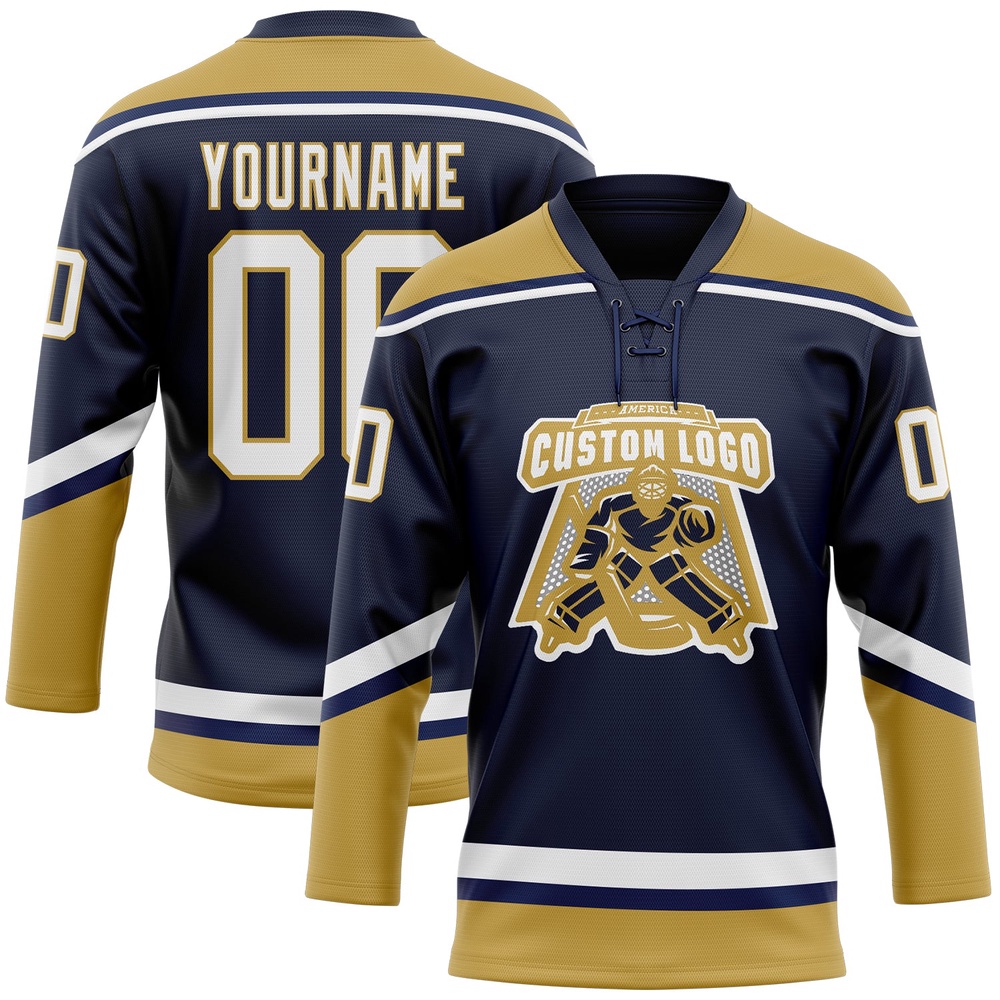 Custom Navy White Old Gold Hockey Lace Neck Jersey, New Hockey Jersey, Personali Sport Team Jersey Shirt