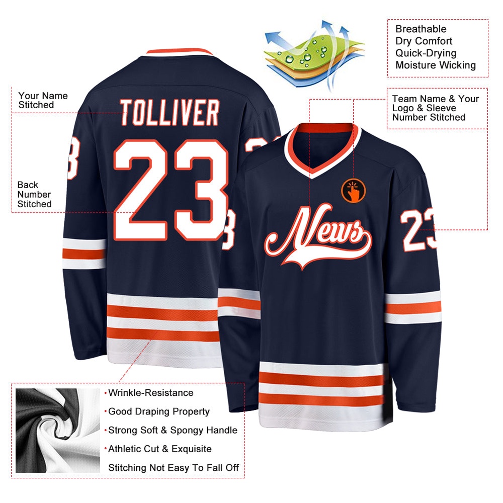 Custom Navy White Orange Hockey Jersey, New Hockey Jersey, Personali Sport Team Jersey Shirt