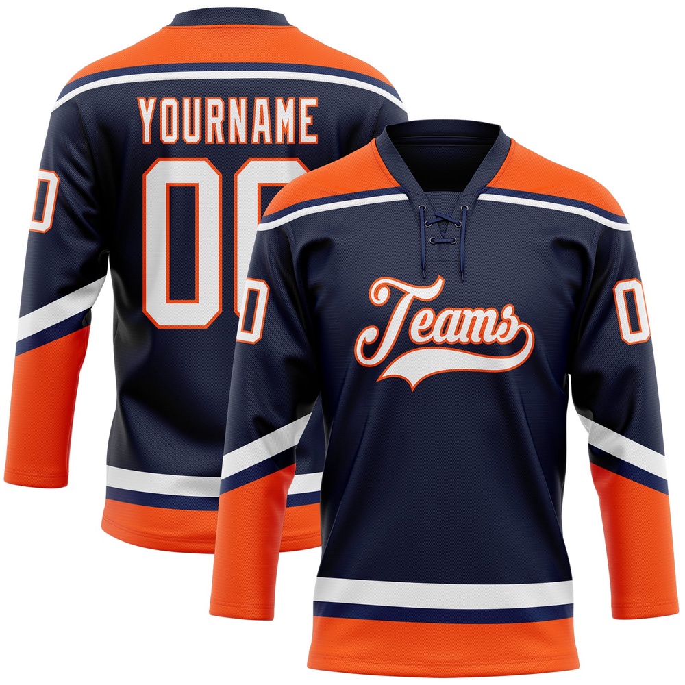 Custom Navy White Orange Hockey Lace Neck Jersey, New Hockey Jersey, Personali Sport Team Jersey Shirt