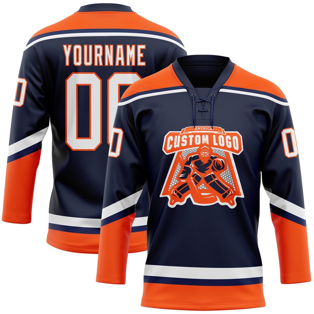 Custom Navy White Orange Hockey Lace Neck Jersey, New Hockey Jersey, Personali Sport Team Jersey Shirt