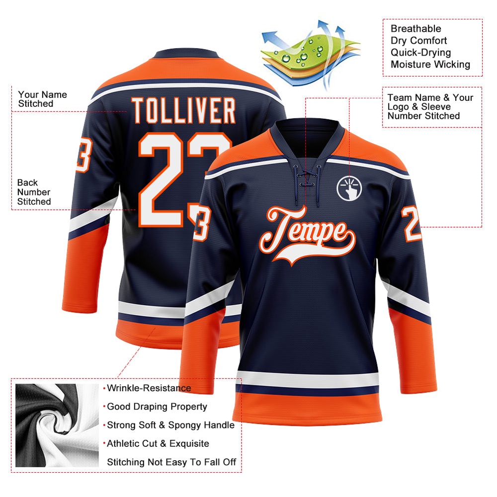 Custom Navy White Orange Hockey Lace Neck Jersey, New Hockey Jersey, Personali Sport Team Jersey Shirt