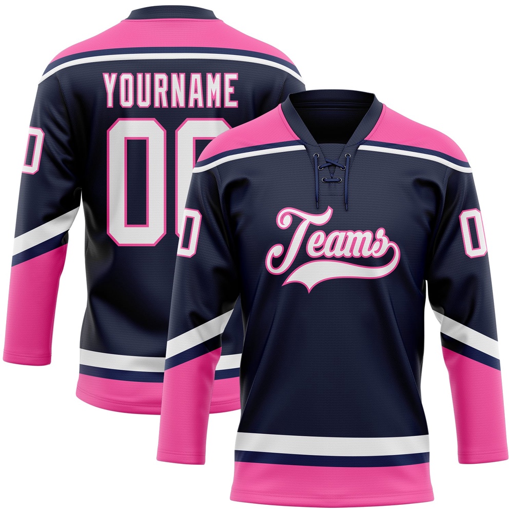 Custom Navy White Pink Hockey Lace Neck Jersey, New Hockey Jersey, Personali Sport Team Jersey Shirt