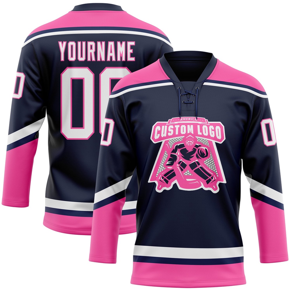Custom Navy White Pink Hockey Lace Neck Jersey, New Hockey Jersey, Personali Sport Team Jersey Shirt