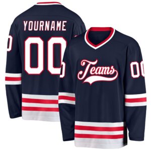 Custom Navy White Red Hockey Jersey, New&hellip;