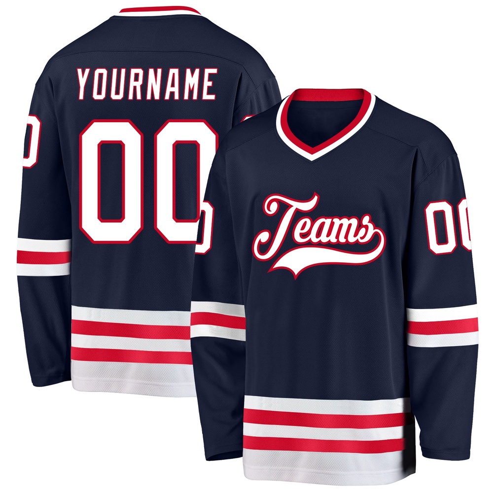 Custom Navy White Red Hockey Jersey, New Hockey Jersey, Personali Sport Team Jersey Shirt Custom Navy White Red Hockey Jersey, New Hockey Jersey, Personali Sport Team Jersey Shirt