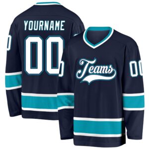 Custom Navy White Teal Hockey Jersey, New&hellip;
