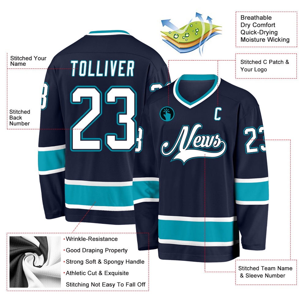Custom Navy White Teal Hockey Jersey, New Hockey Jersey, Personali Sport Team Jersey Shirt