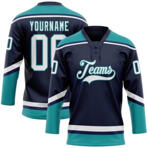 Custom Navy White Teal Hockey Lace Neck&hellip;