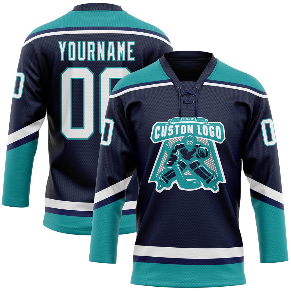 Custom Navy White Teal Hockey Lace Neck Jersey, New Hockey Jersey, Personali Sport Team Jersey Shirt