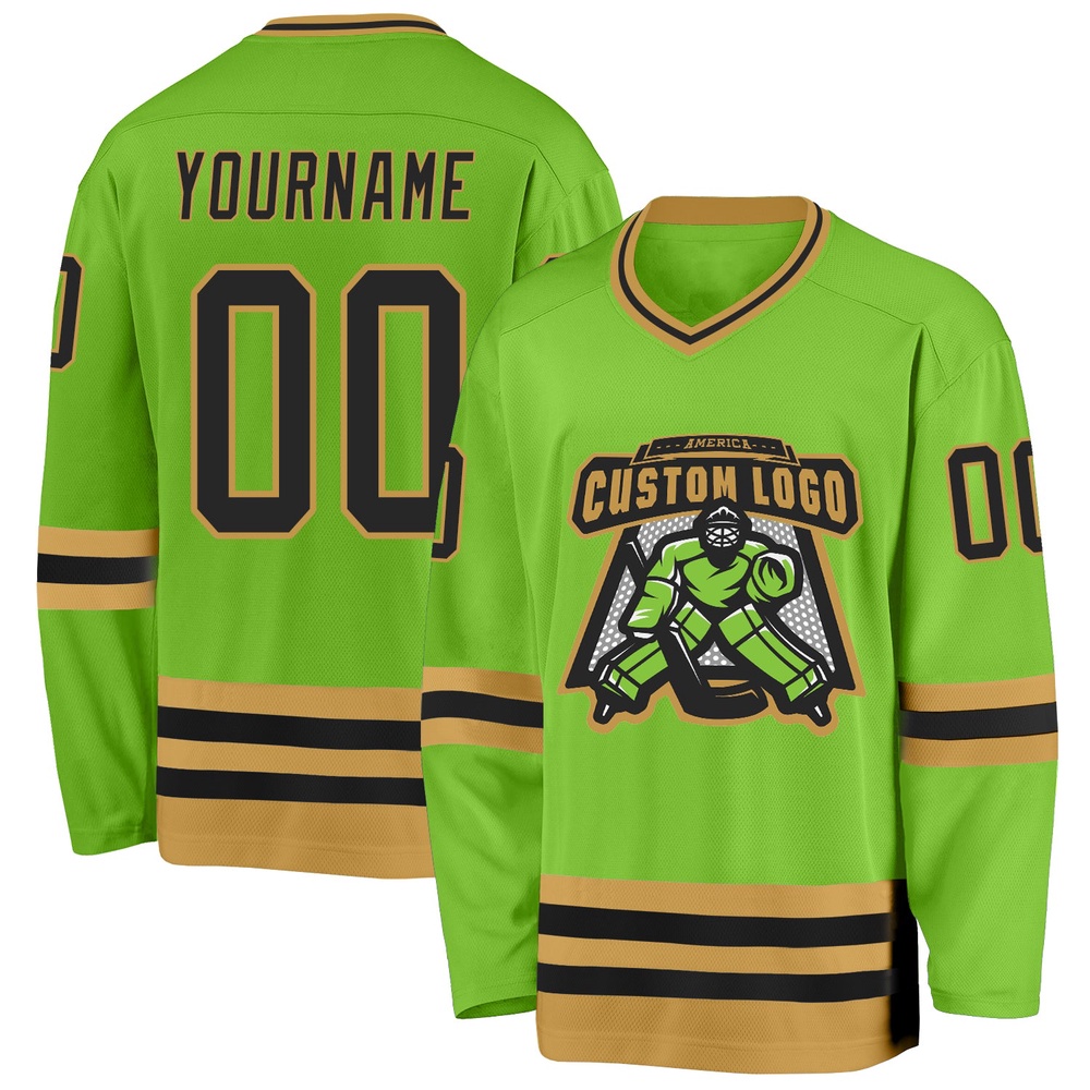 Custom Neon Green Black Old Gold Hockey Jersey, New Hockey Jersey, Personali Sport Team Jersey Shirt Custom Neon Green Black Old Gold Hockey Jersey, New Hockey Jersey, Personali Sport Team Jersey Shirt