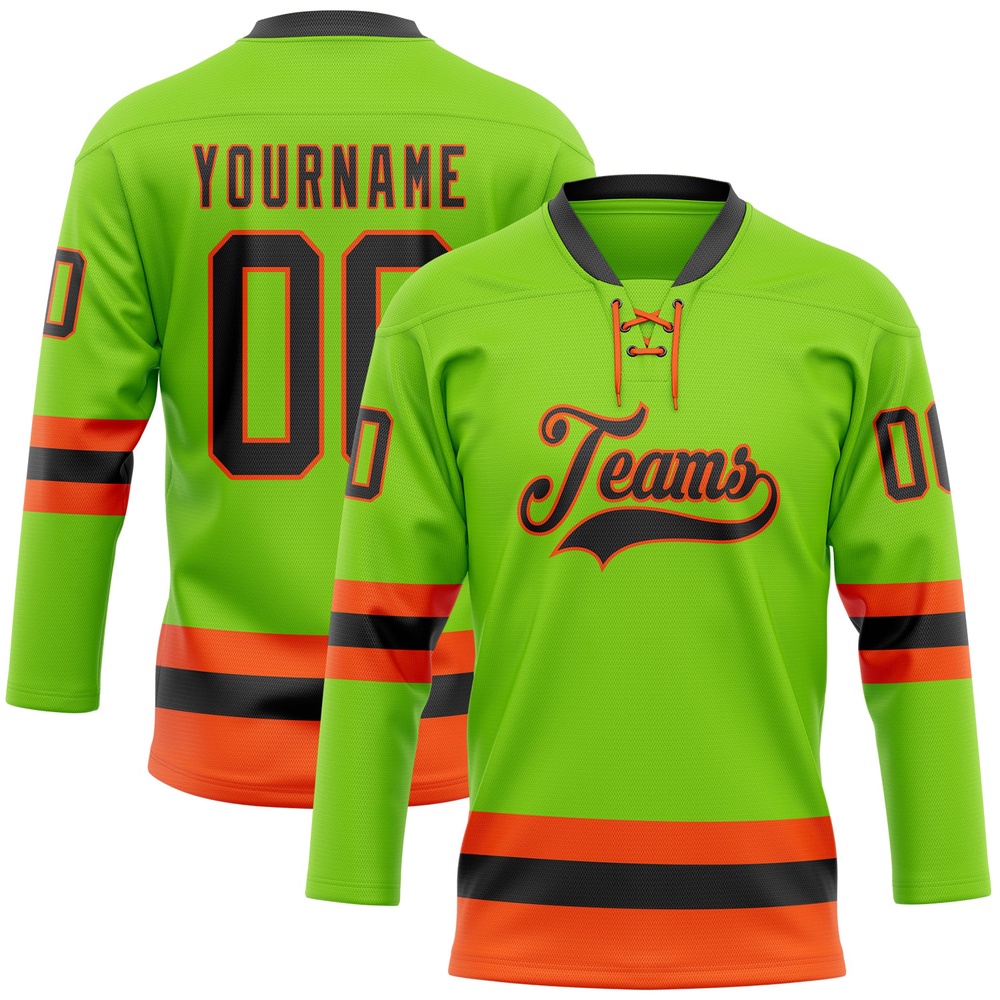 Custom Neon Green Black Orange Hockey Lace Neck Jersey, New Hockey Jersey, Personali Sport Team Jersey Shirt