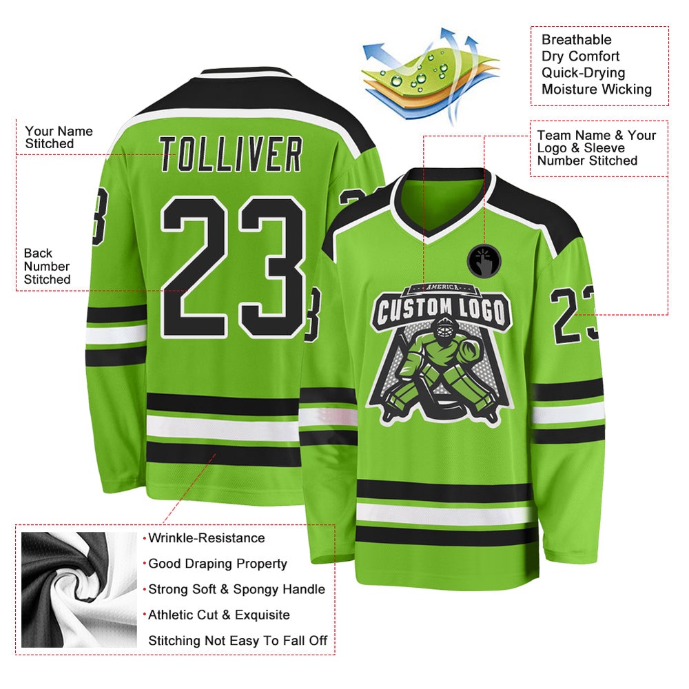 Custom Neon Green Black White Hockey Jersey, New Hockey Jersey, Personali Sport Team Jersey Shirt Custom Neon Green Black White Hockey Jersey, New Hockey Jersey, Personali Sport Team Jersey Shirt