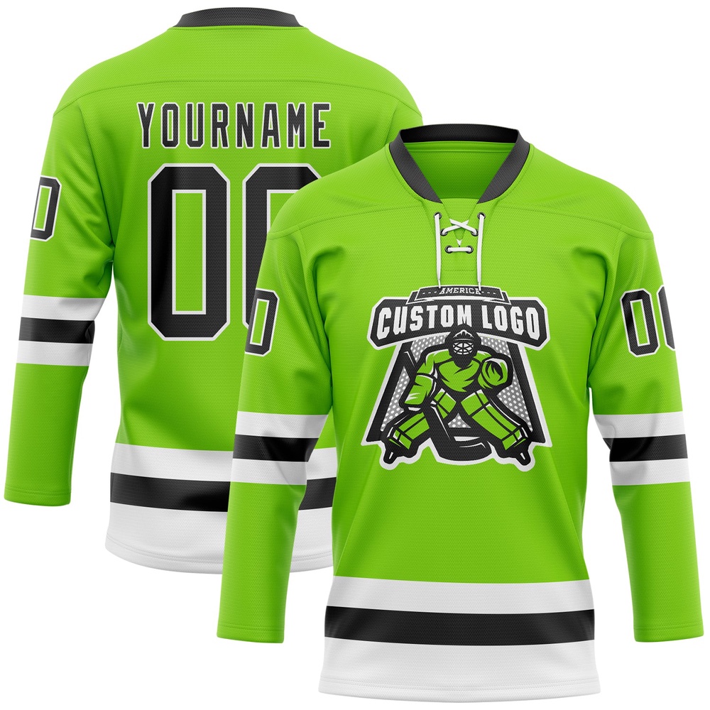 Custom Neon Green Black White Hockey Lace Neck Jersey, New Hockey Jersey, Personali Sport Team Jersey Shirt Custom Neon Green Black White Hockey Lace Neck Jersey, New Hockey Jersey, Personali Sport Team Jersey Shirt