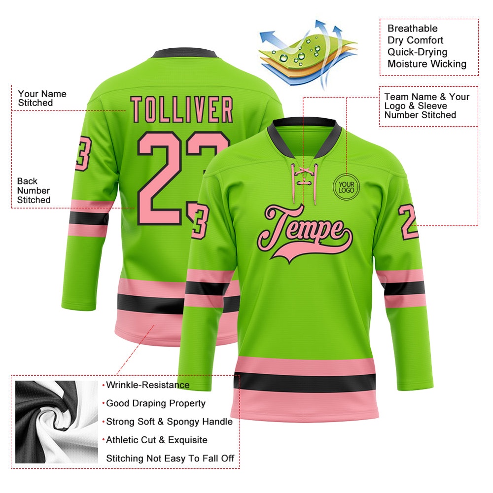 Custom Neon Green Medium Pink Black Hockey Lace Neck Jersey, New Hockey Jersey, Personali Sport Team Jersey Shirt Custom Neon Green Medium Pink Black Hockey Lace Neck Jersey, New Hockey Jersey, Personali Sport Team Jersey Shirt