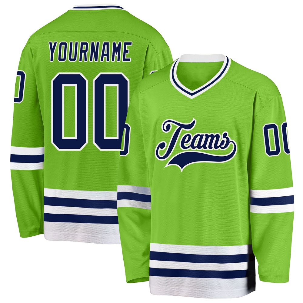 Custom Neon Green Navy White Hockey Jersey, New Hockey Jersey, Personali Sport Team Jersey Shirt