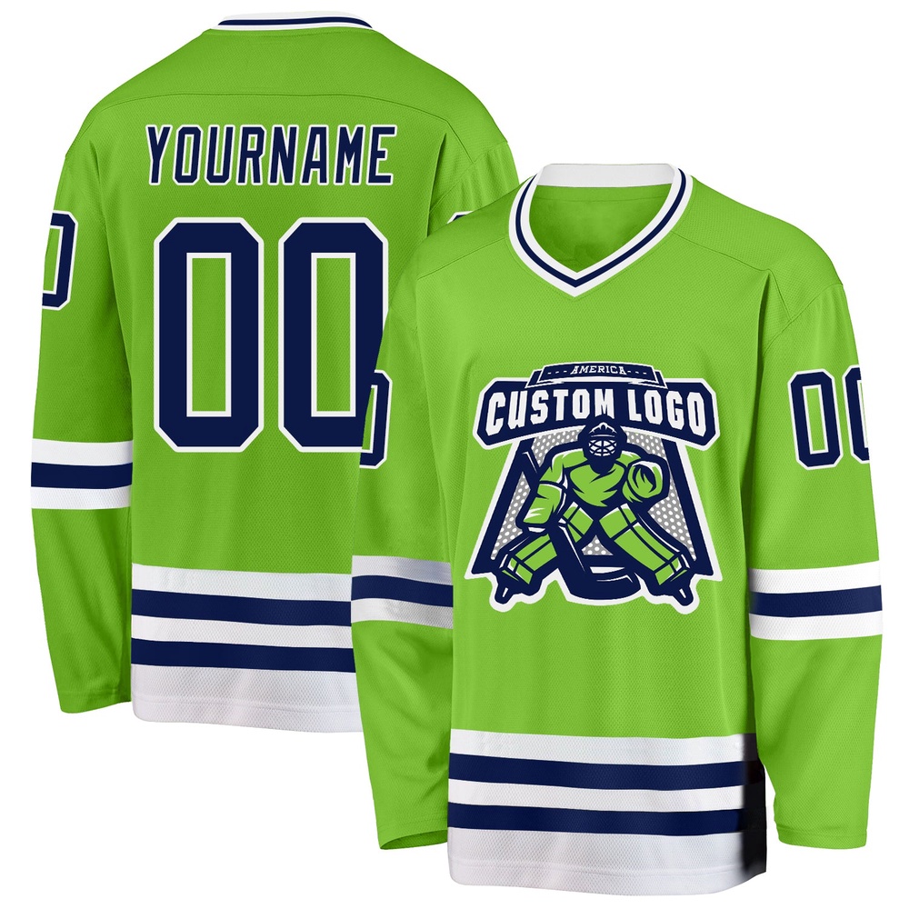 Custom Neon Green Navy White Hockey Jersey, New Hockey Jersey, Personali Sport Team Jersey Shirt