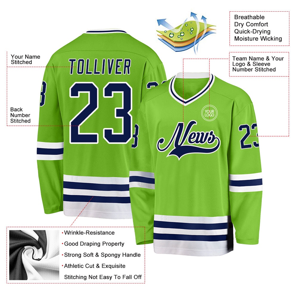 Custom Neon Green Navy White Hockey Jersey, New Hockey Jersey, Personali Sport Team Jersey Shirt