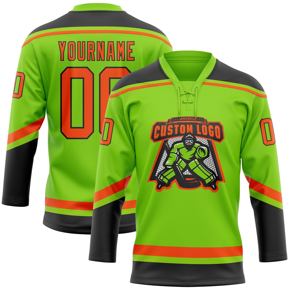 Custom Neon Green Orange Black Hockey Lace Neck Jersey, New Hockey Jersey, Personali Sport Team Jersey Shirt