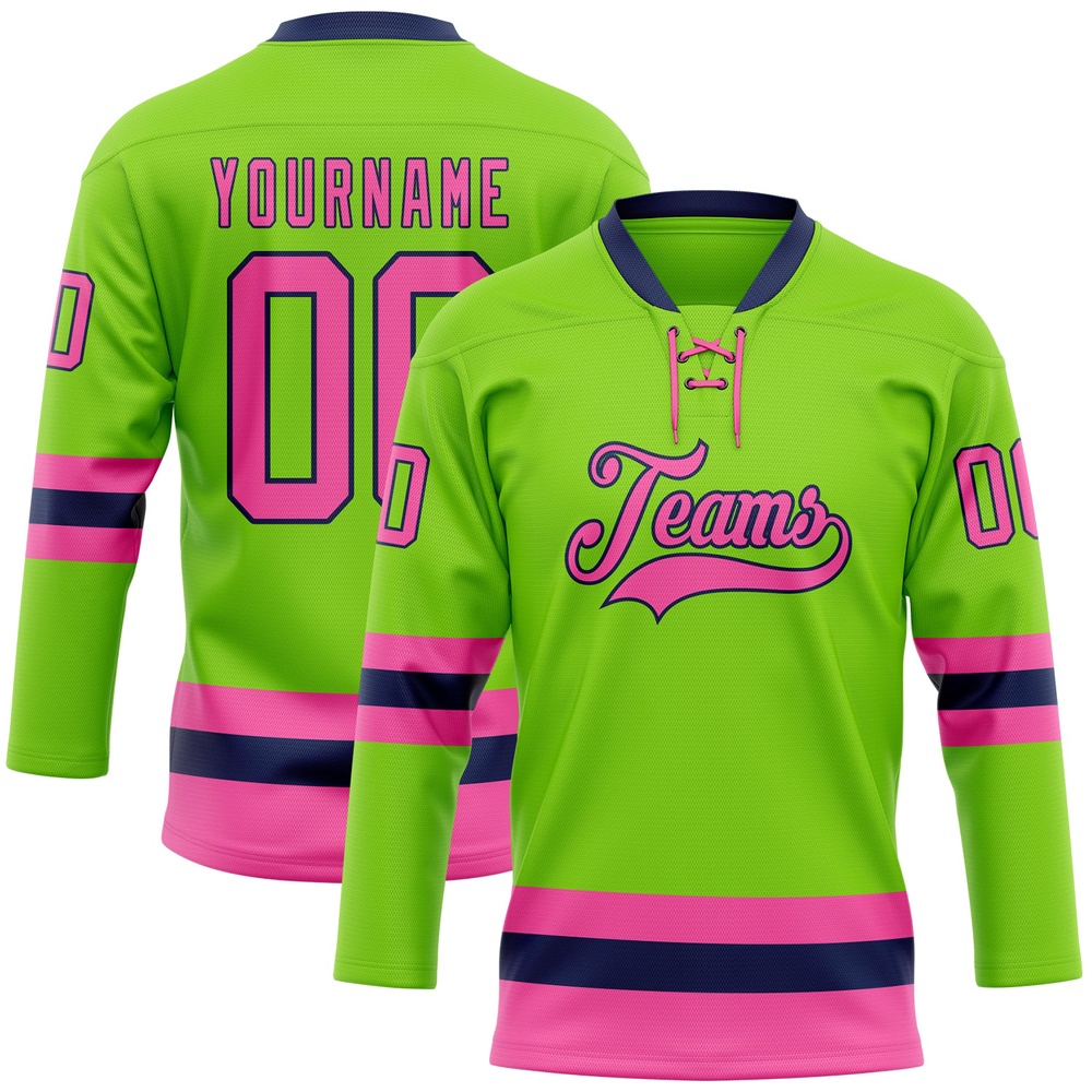 Custom Neon Green Pink Navy Hockey Lace Neck Jersey, New Hockey Jersey, Personali Sport Team Jersey Shirt