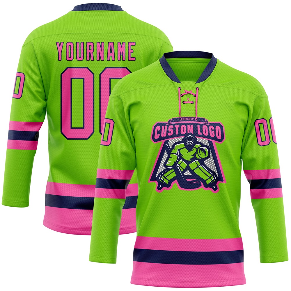 Custom Neon Green Pink Navy Hockey Lace Neck Jersey, New Hockey Jersey, Personali Sport Team Jersey Shirt