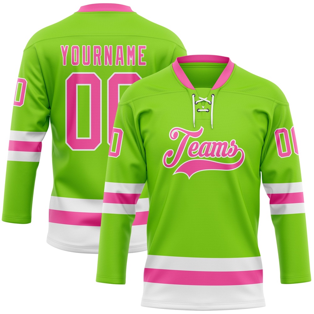 Custom Neon Green Pink White Hockey Lace Neck Jersey, New Hockey Jersey, Personali Sport Team Jersey Shirt