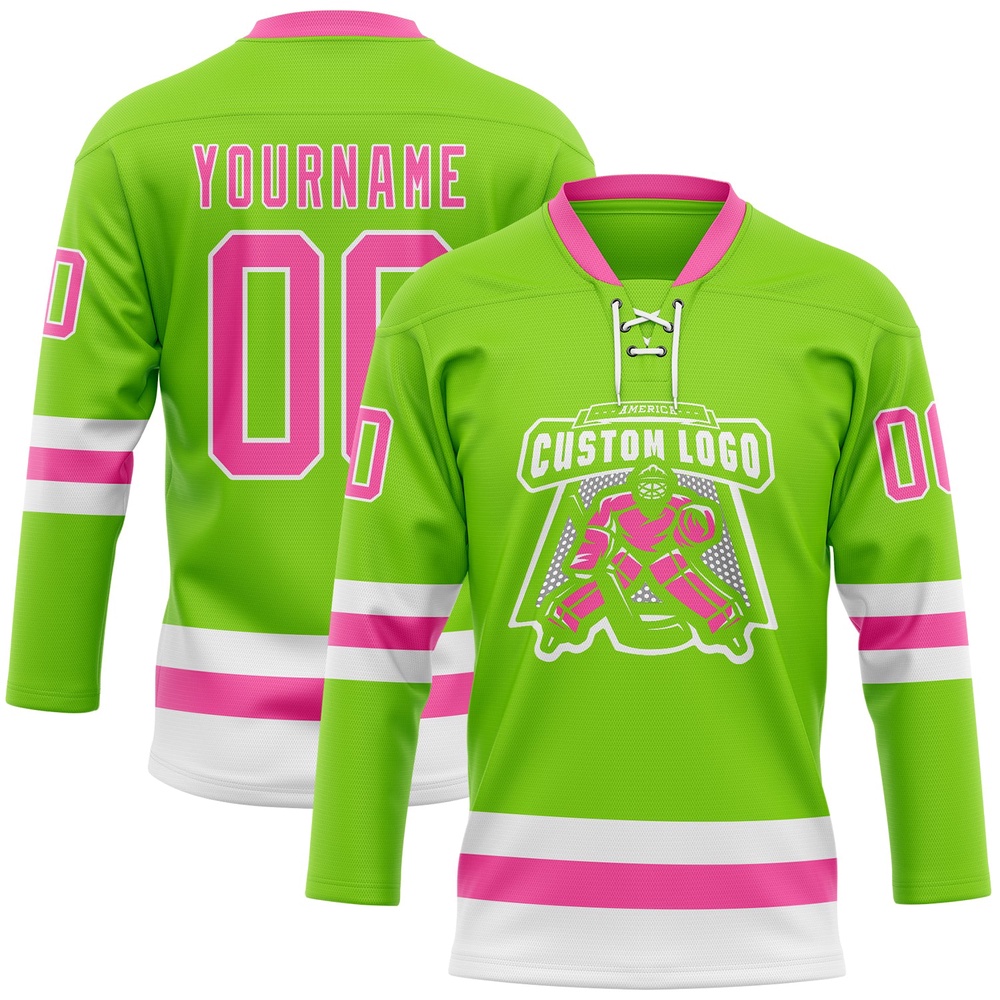 Custom Neon Green Pink White Hockey Lace Neck Jersey, New Hockey Jersey, Personali Sport Team Jersey Shirt